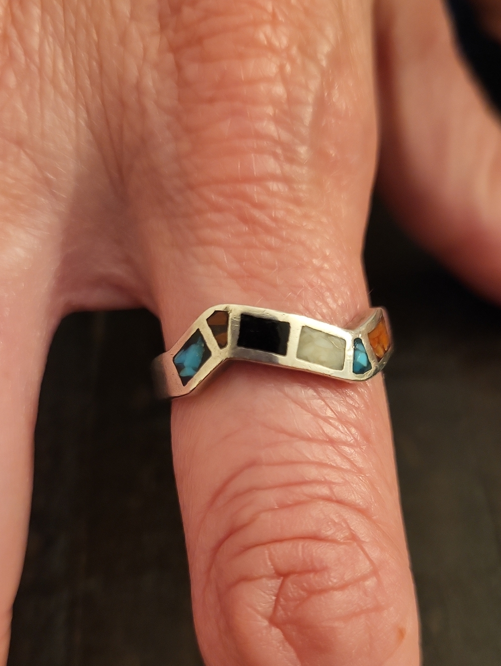 Vintage Navajo Calvin Spencer Sterling Silver Zuni Channel Inlay Ring